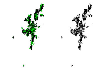 Shetland Islands (United Kingdom, Scotland, Local government in Scotland) map is designed cannabis leaf green and black, Zetland (Northern Isles) map made of marijuana (marihuana,THC) foliage....