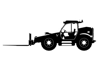 Telescopic handler. Telehandler silhouette. Side view. Flat vector.