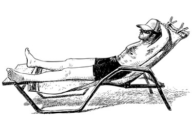  Sketch of man sunbathing on lounger on seashore