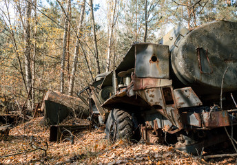 dump of contaminated radioactive equipment in the Chernobyl forest