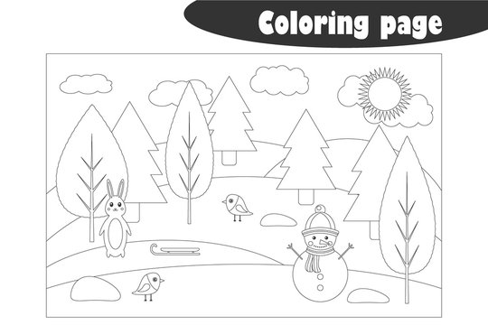 Winter forest in cartoon style, coloring page, christmas education paper game for the development of children, kids preschool activity, printable worksheet, vector illustration