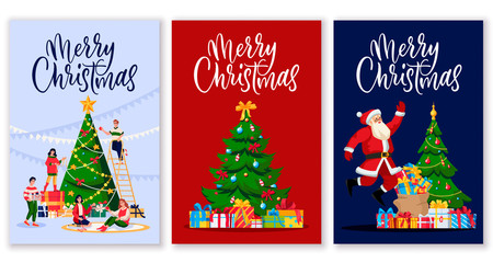 Merry Christmas calligraphy lettering greeting gift cards. Vector illustration. Poster, banner design template