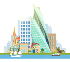 Big city with skyscrapers and small houses. Vector yacht and sailboat on the river. Business and tourism concept with skyscrapers. Image for presentation, banner, placard or web site