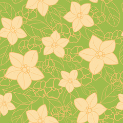 Fototapeta na wymiar Vector orange blossom seamless pattern with yellow flowers and leaves, slices of orange, seamless repeat pattern. Perfect for fabric, scrapbooking, wallpaper projects.