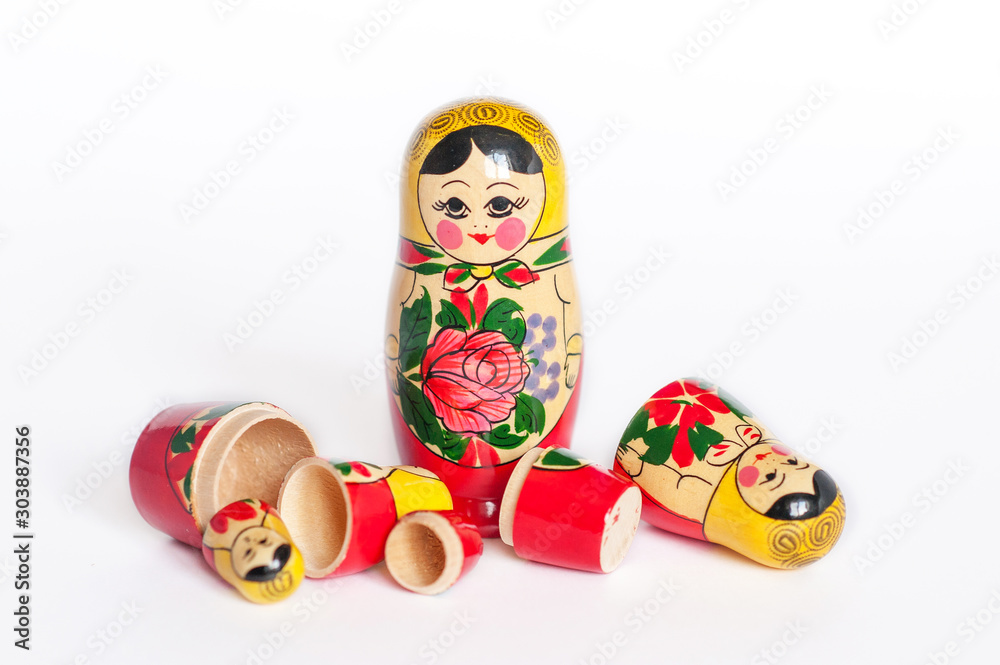 Wall mural doll set Matryoshka of 5 pieces on a white background