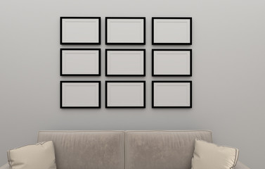 white frames on a white wall in the interior