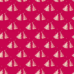 Christmas festive creative seamless pattern of carved wooden christmas trees and snowflakes on Rose Red background.