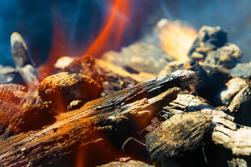 Burning wood and spectacular flames close up view