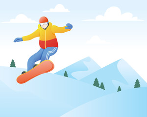 Vector illustration of snowboarder. Winter sport and recreation, Winter mountain sports activities