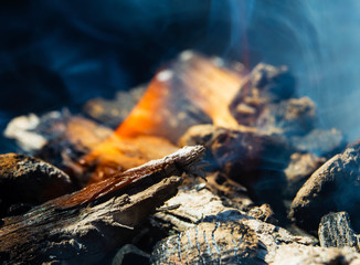 Burning wood and spectacular flames close up view