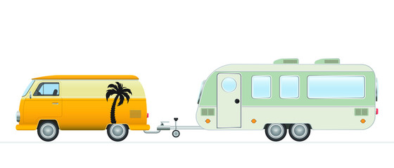 Van and trailer caravan vector illustration isolated on white background. Travel concept. Vacation journey.