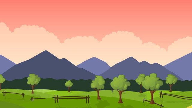 Seamless mountain landscape with pink sunset sky and trees, cartoon style footage for game scenes