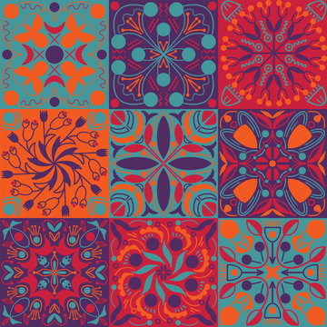 Vector bright colors ethnic tiles seamless pattern
