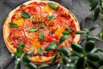 Delicious hot homemade pizza on the wooden table. Pizza - Fresh homemade pizza with pepperoni, cheese and tomato sauce, tomatoes, and basil with copy space. Horizontal