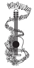 Abstract acoustic guitar icons with floral ornament in the form of guitar body