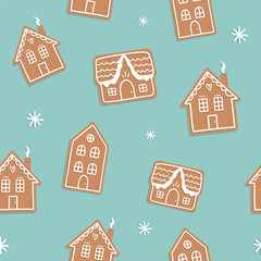 Materiał do szycia Gingerbread houses vector seamless pattern on blue background