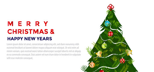 Illustration Flat design on Christmas banner. Background Xmas objects viewed from above with text " merry christmas and happy new year"