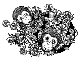 Nature hand drawing monkey flowers and butterfly sketch black and white isolated on white background.