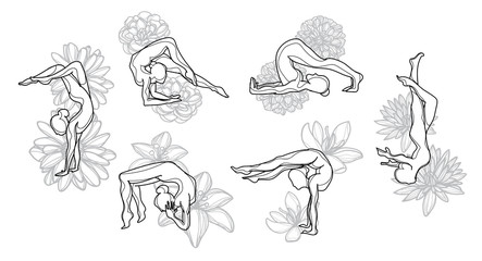 Silhouettes girl practicing yoga stretching exercises background flower