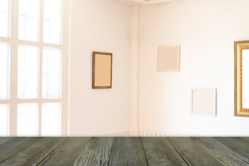 Empty wooden table and window room interior decoration background, product montage display,can be used for display or montage your products.Mock up for display of product.