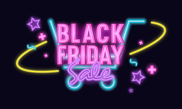 Black Friday Sale Vector illustration. Neon light Shopping cart theme