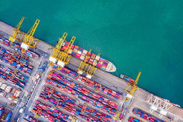 Top view of Deep water port with cargo ship and containers. It is an import and export cargo port...
