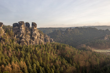 Fototapeta premium Panorama of Bastei rock formations, the bridge Bastei, Saxon Switzerland National park, Germany