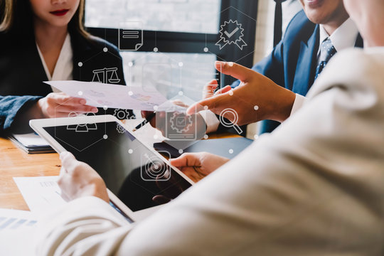 businessman hand working with laptop computer, tablet and smart phone in modern office with virtual shape diagram. Digital marketing media. Businessman using on smartphone as concept