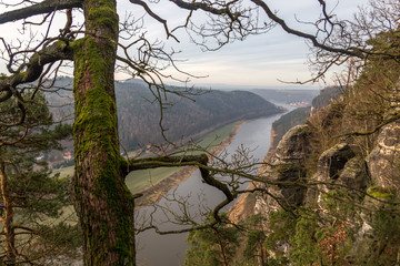 Panorama of Bastei rock formations, the bridge Bastei, Saxon Switzerland National park, Germany
