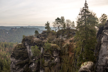 Panorama of Bastei rock formations, the bridge Bastei, Saxon Switzerland National park, Germany