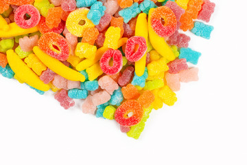 Assorted gummy candies frame isolated. Top view. Jelly  sweets.