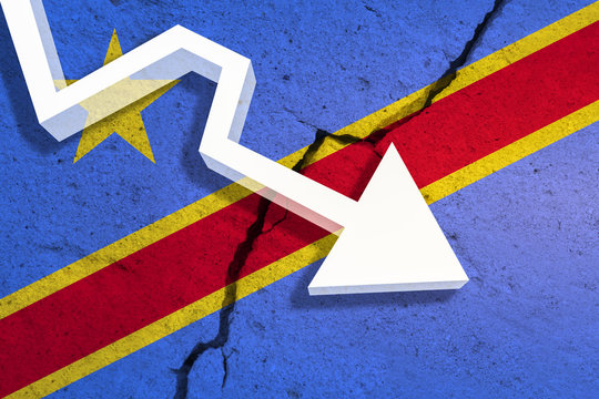 Democratic Republic of the Congo Flag on the cracked wall with arrow falling down. Concept of decrease in the country. 3D Illustration