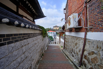 Scenic view of the capital of Republic of Korea. Beautiful summer look of the largest city of South Korea. Picture of town of traditional asian architecture