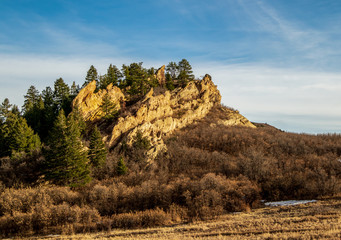 Beautiful red sandstone rock formation in Roxborough State Park, Denver, Colorado, at sunset.
