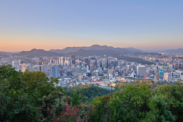 Fototapeta na wymiar Scenic view of the capital of Republic of Korea. Beautiful summer look of the largest city of South Korea. Picture of town of traditional asian architecture