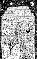 Greenhouse - doodle sketch. Winter garden with tropical plants and flowers. Glasshouse drawing. Ink black and white illustration. Vector artwork
