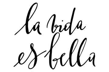 Spanish phrase life is beautiful handwritten text vector - obrazy, fototapety, plakaty