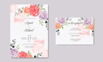wedding card invitation with beautiful flower and leaves