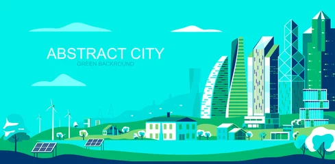 Foto op Plexiglas Vector illustration in simple flat style - sustainable city landscape with eco friendly technologies - abstract banner and green background with copy space for text - header image for landing page. © alexdndz