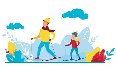 Modern vector illustration of winter season featuring Christmas holidays outdoor activities. Cartoon ski riders. Family ski trip.