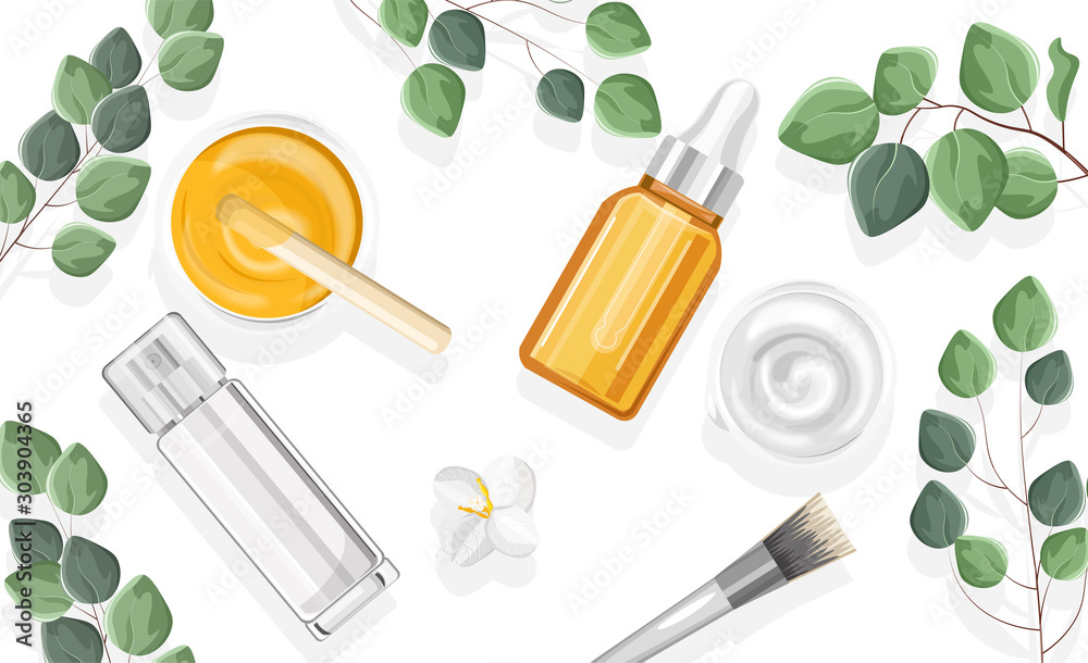 Wall mural Natural cosmetic products spray bottles