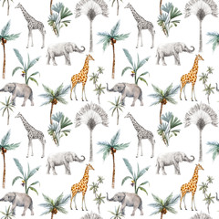 Aquarell nahtlose Muster mit Safaritieren und Palmen. Elefant Giraffe.
