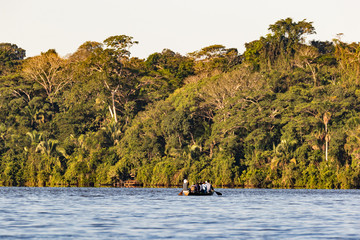 Boat on the Sandoval lake. Puerto Maldonado, Peru.