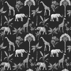 Aquarell nahtlose Muster mit Safaritieren und Palmen. Elefant Giraffe.