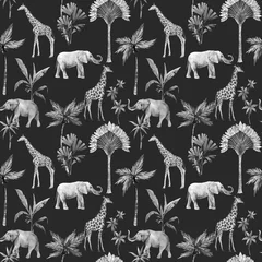 Keuken foto achterwand Afrikaanse dieren Aquarel naadloze patronen met safari dieren en palmbomen. Olifant giraf.