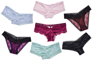 Underwear woman isolated. Collage of different luxurious elegant colorful and red black lacy thongs...
