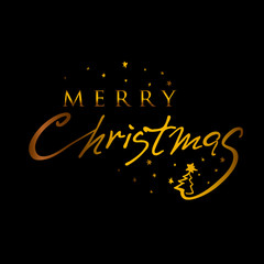 Merry Christmas Vector Text Background. Golden text on black background. Hand drawn inscription, calligraphic design. Vector illustration