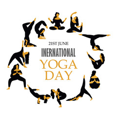 21 june- yoga body posture, illustration of international yoga day, Woman practicing yoga.vector illustration    Yoga exercises. Women silhouettes set. Black and white illustration.