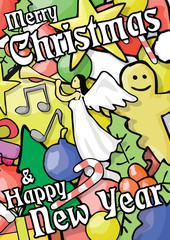Festive cartoon style christmas card full with christmas ornament backgroun