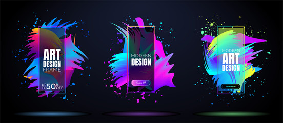 Vector frame for text. Modern Art graphics. Dynamic frame stylish geometric black background. Element for design cover, invitations, gift cards, flyer, voucher and brochures.  Bright color banners set